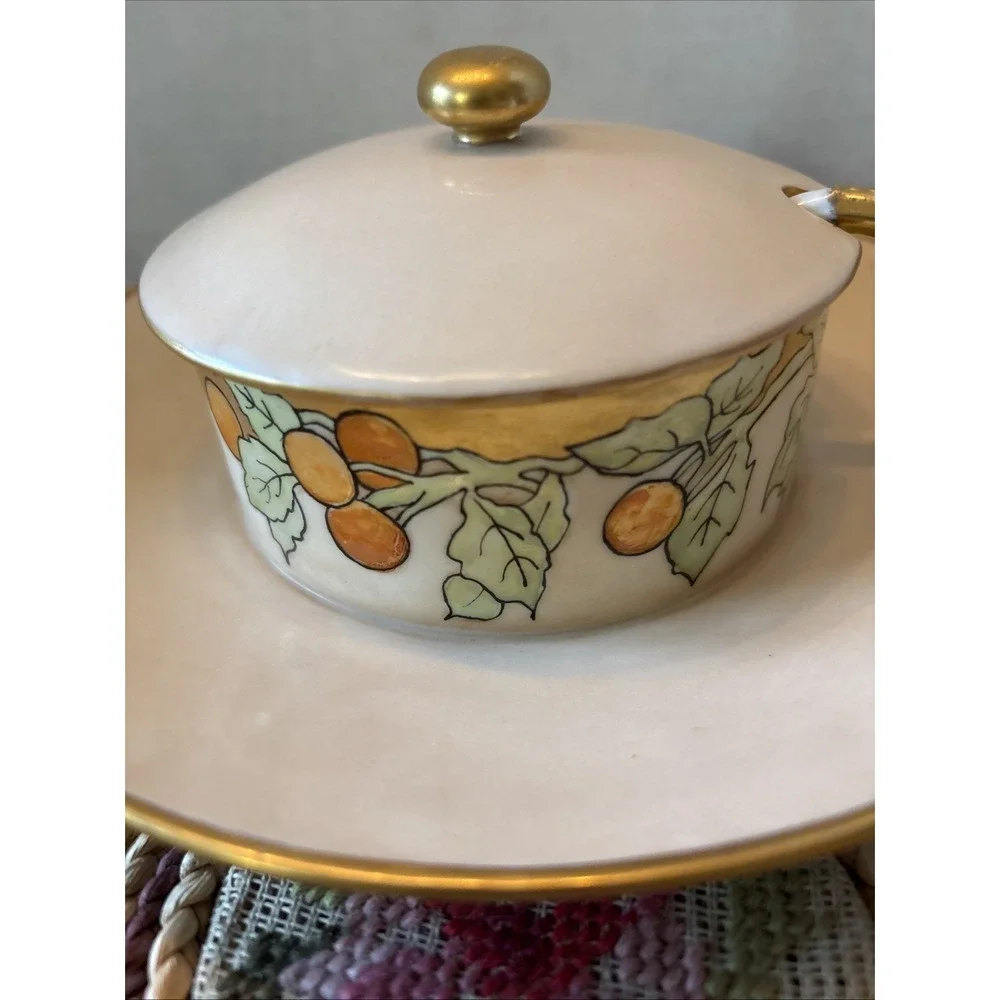 Antique Porcelain Covered Cream Soup Bowl Fruit Attached Under Plate Ladle‎ Gilt